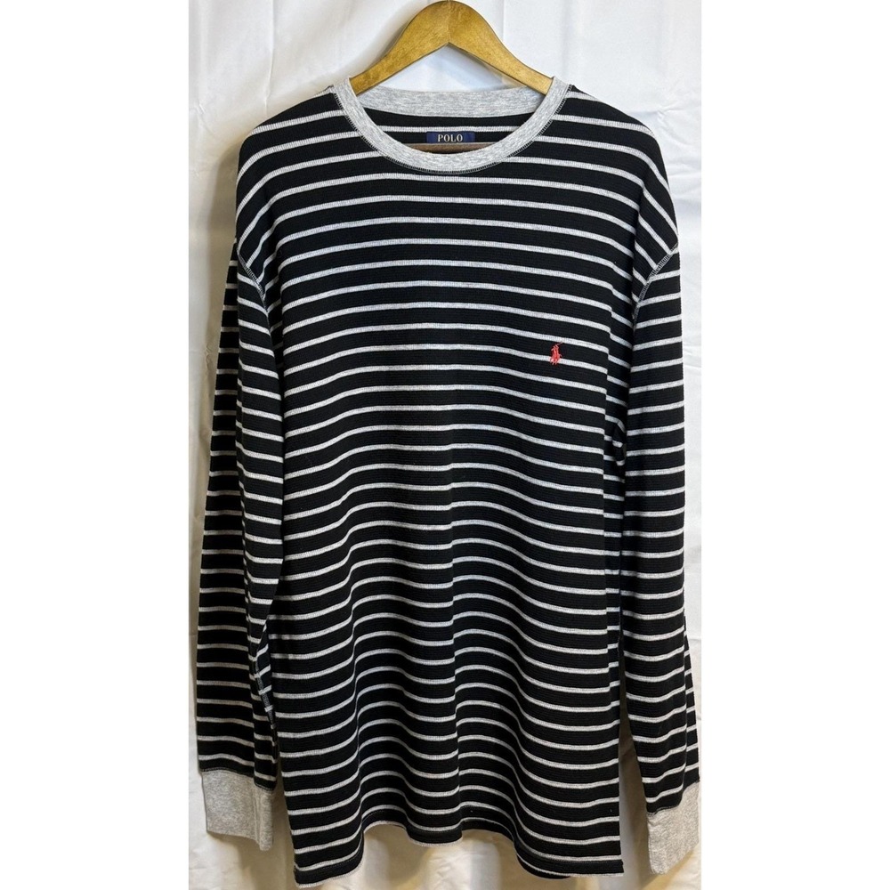 Polo Ralph Lauren Waffle Knit Thermal Shirt Men's 3XL Black Gray Striped Cotton